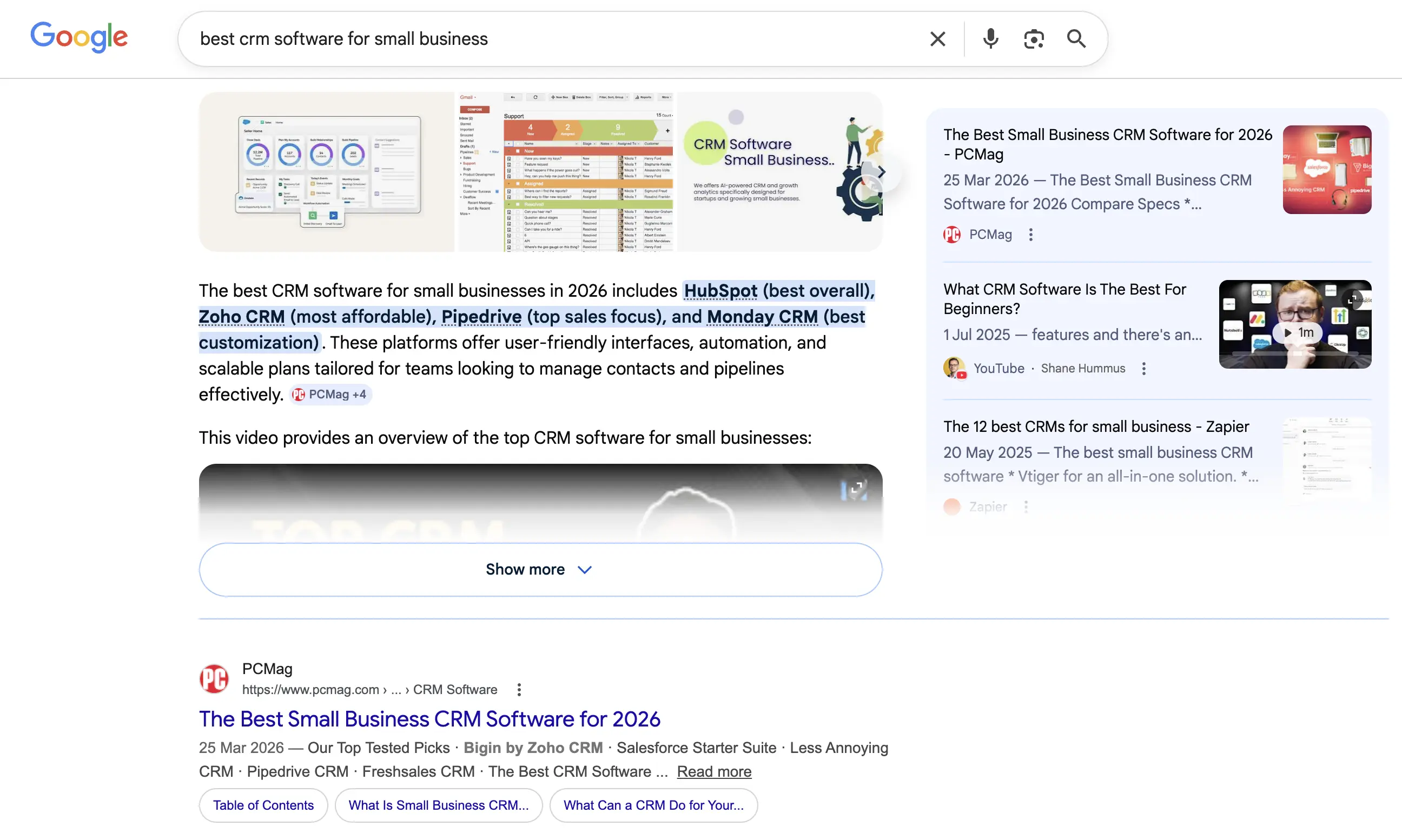 The Google SERP results for the keyword "best CRM software for small business."