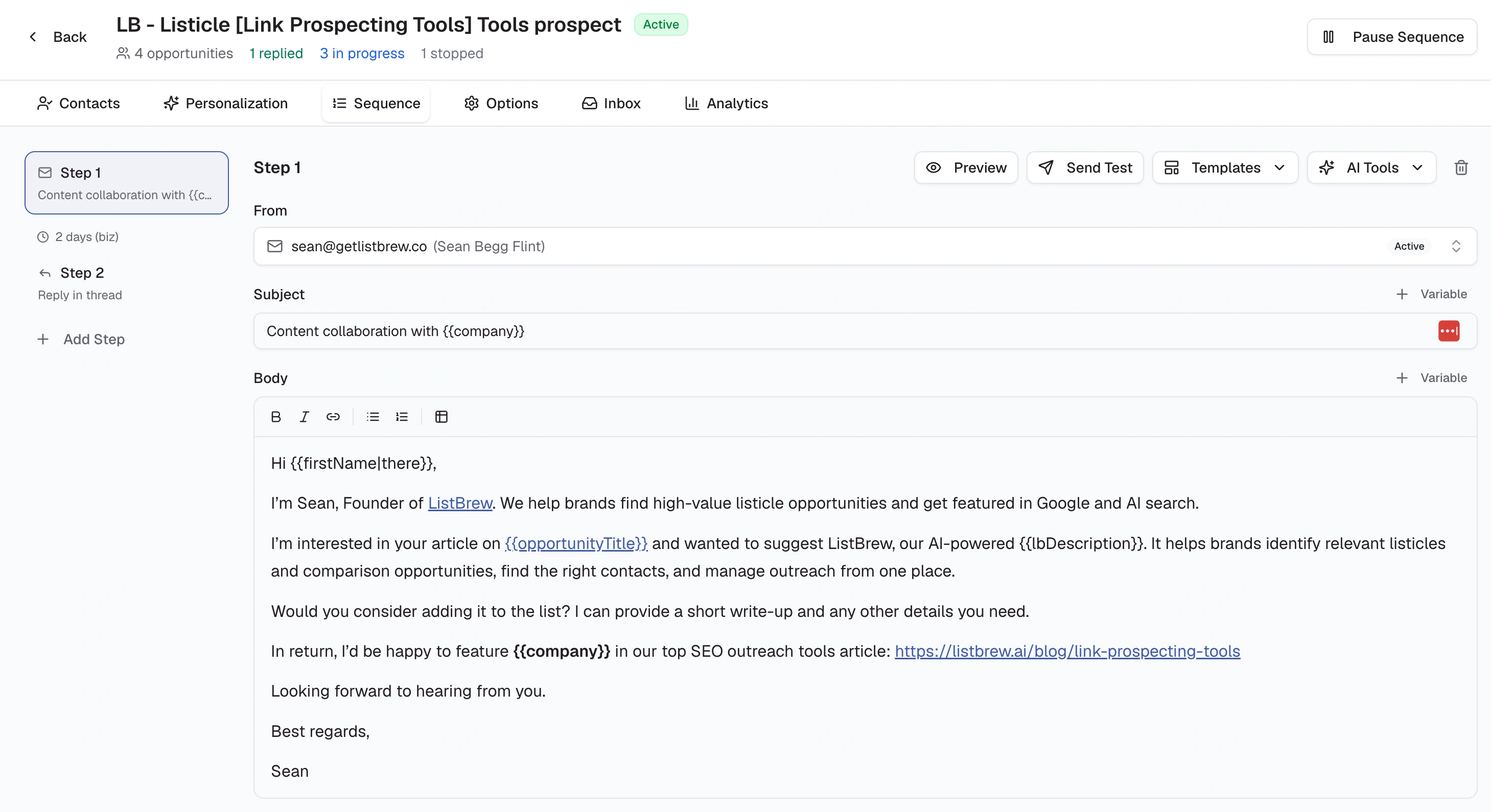 ListBrew Outreach tool.
