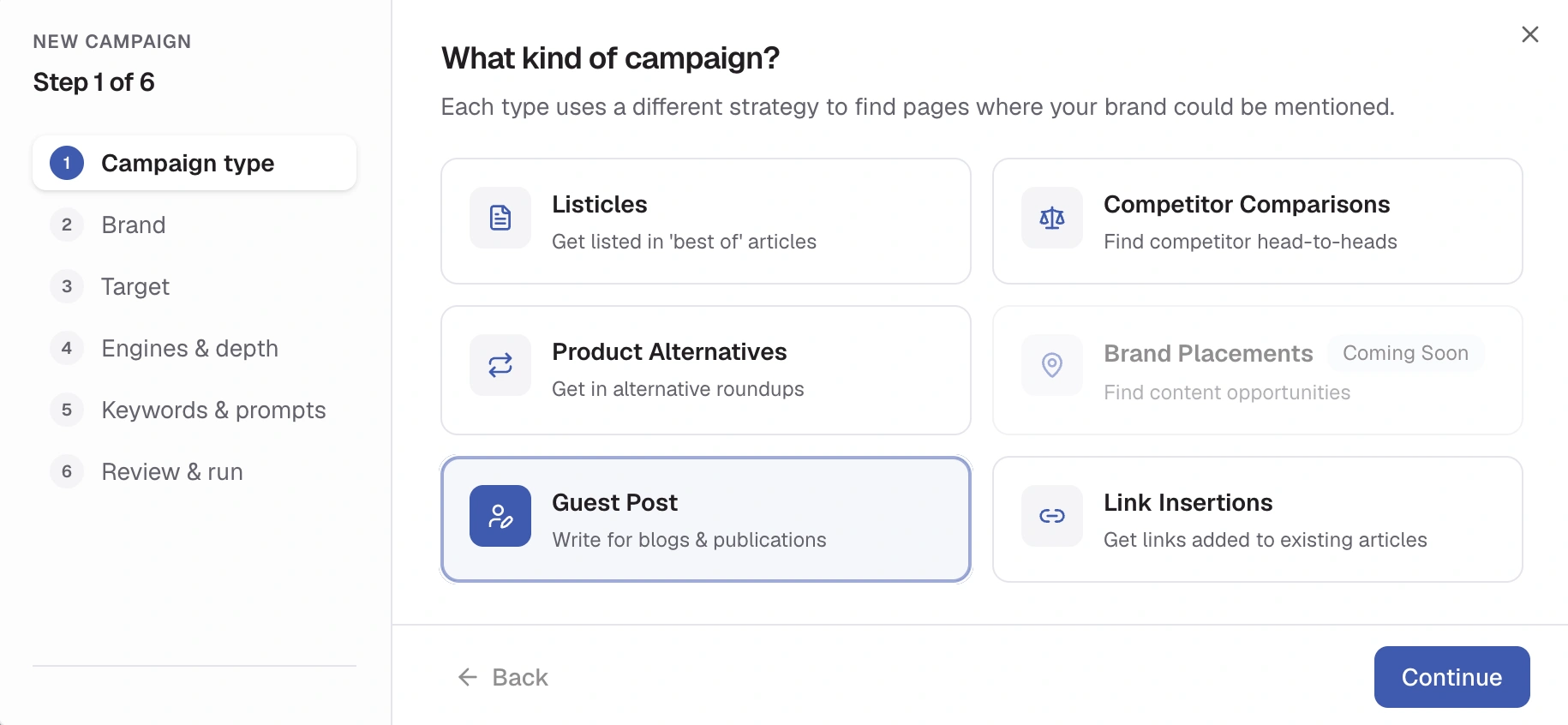 Creating a new Guest Post campaign in ListBrew.