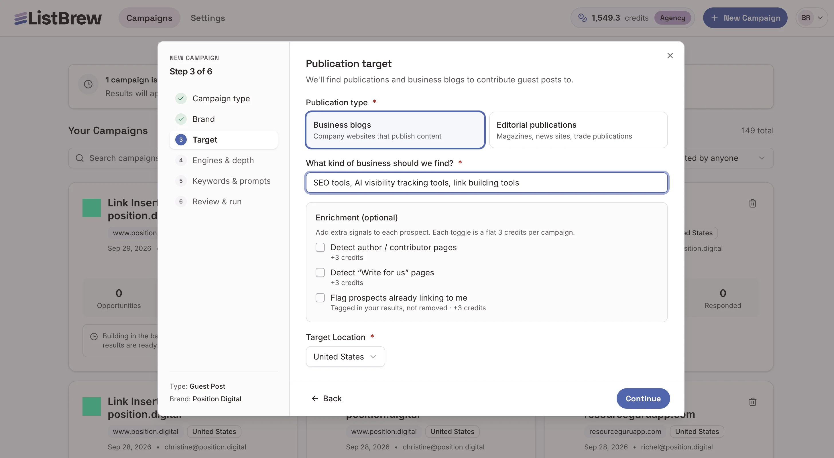 Publication Target step in ListBrew's campaign setup.