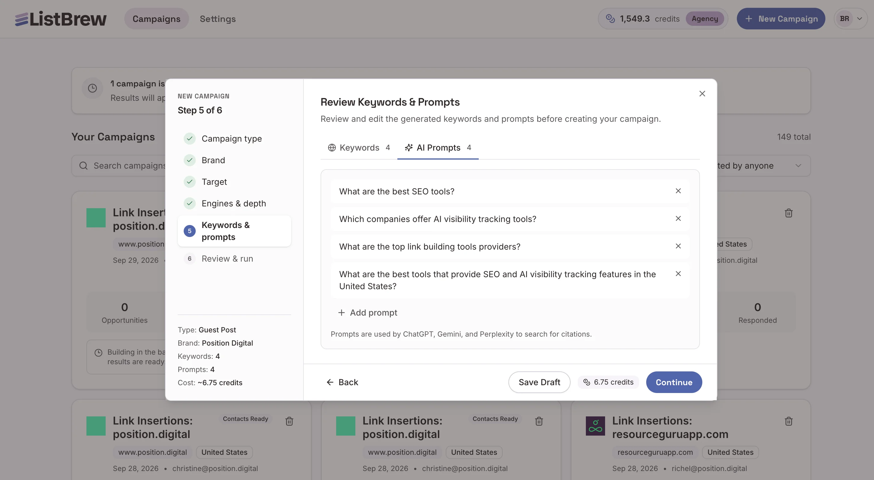 Review Keywords & Prompts step in ListBrew's campaign setup.