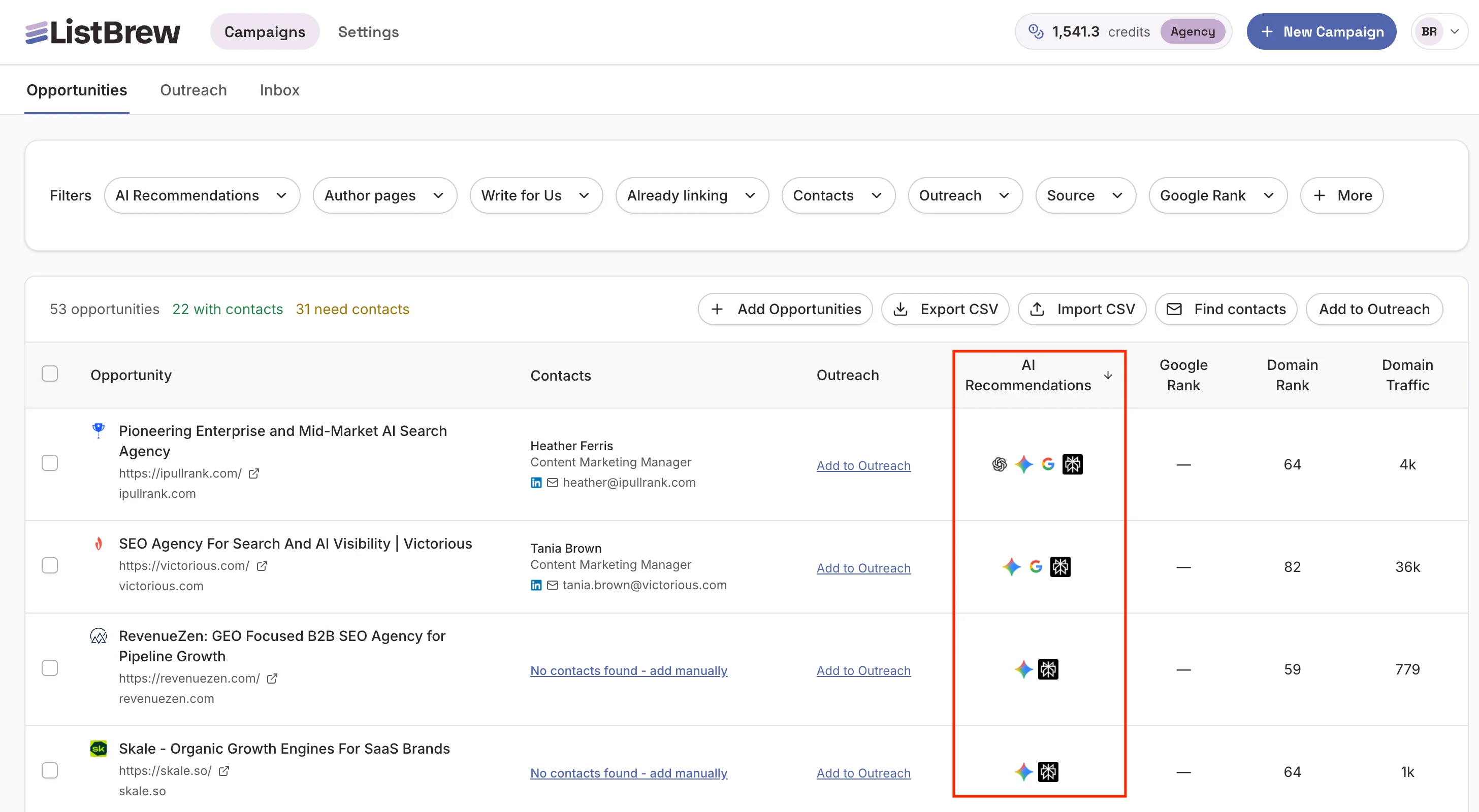 Guest post prospect list in ListBrew, filtered by AI visibility.