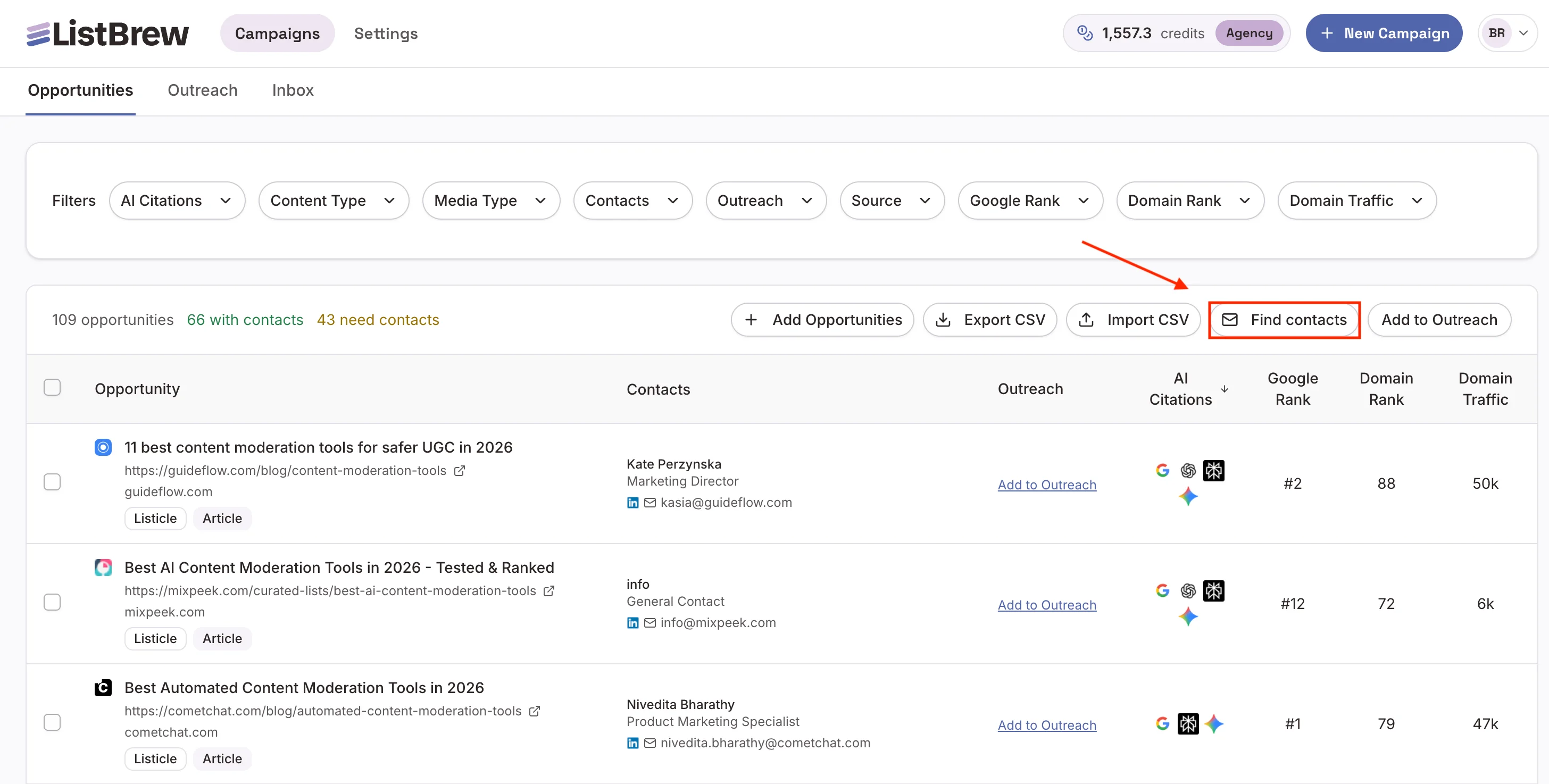 ListBrew's bulk contact finder tool.