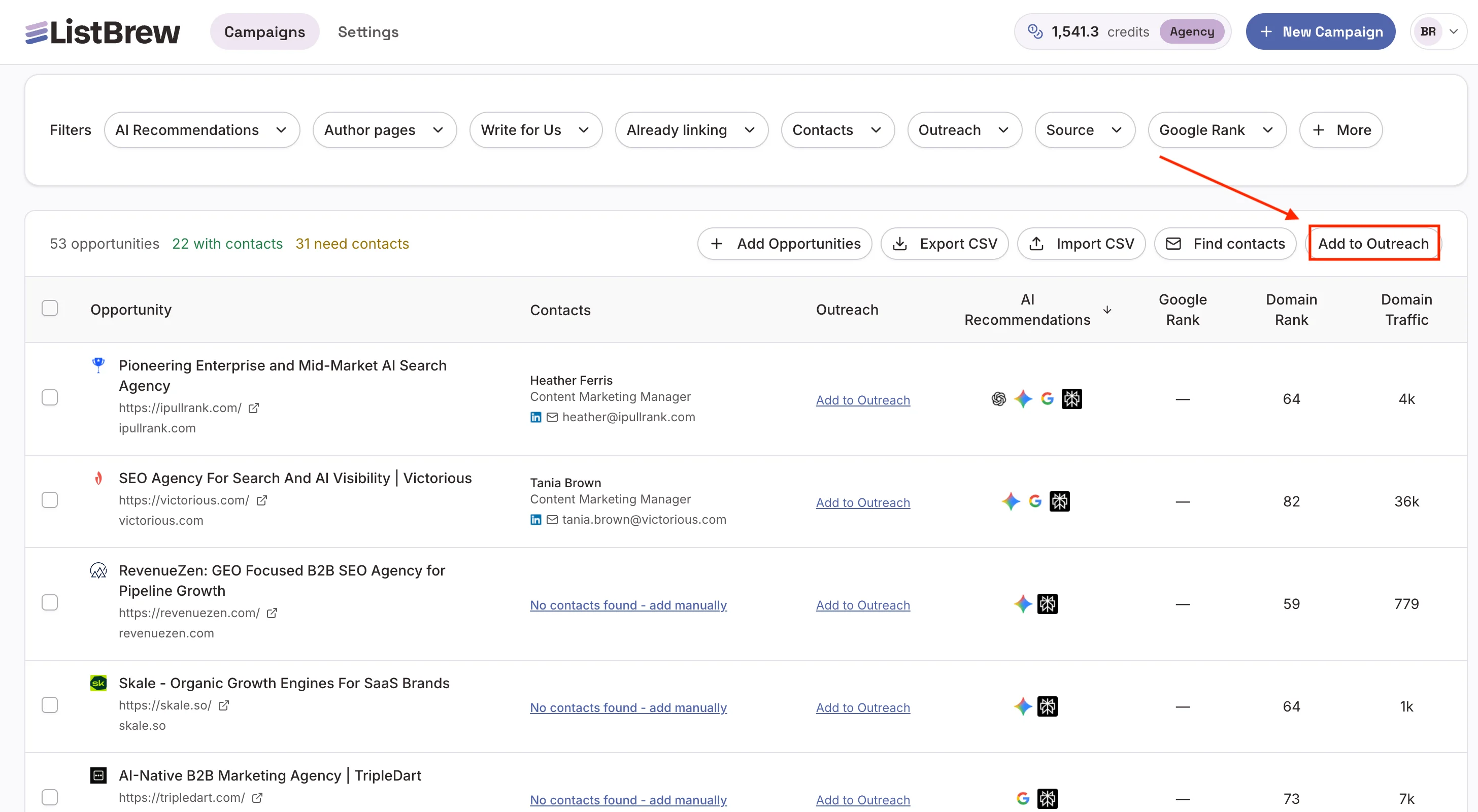 The Add to Outreach button in ListBrew's dashboard.
