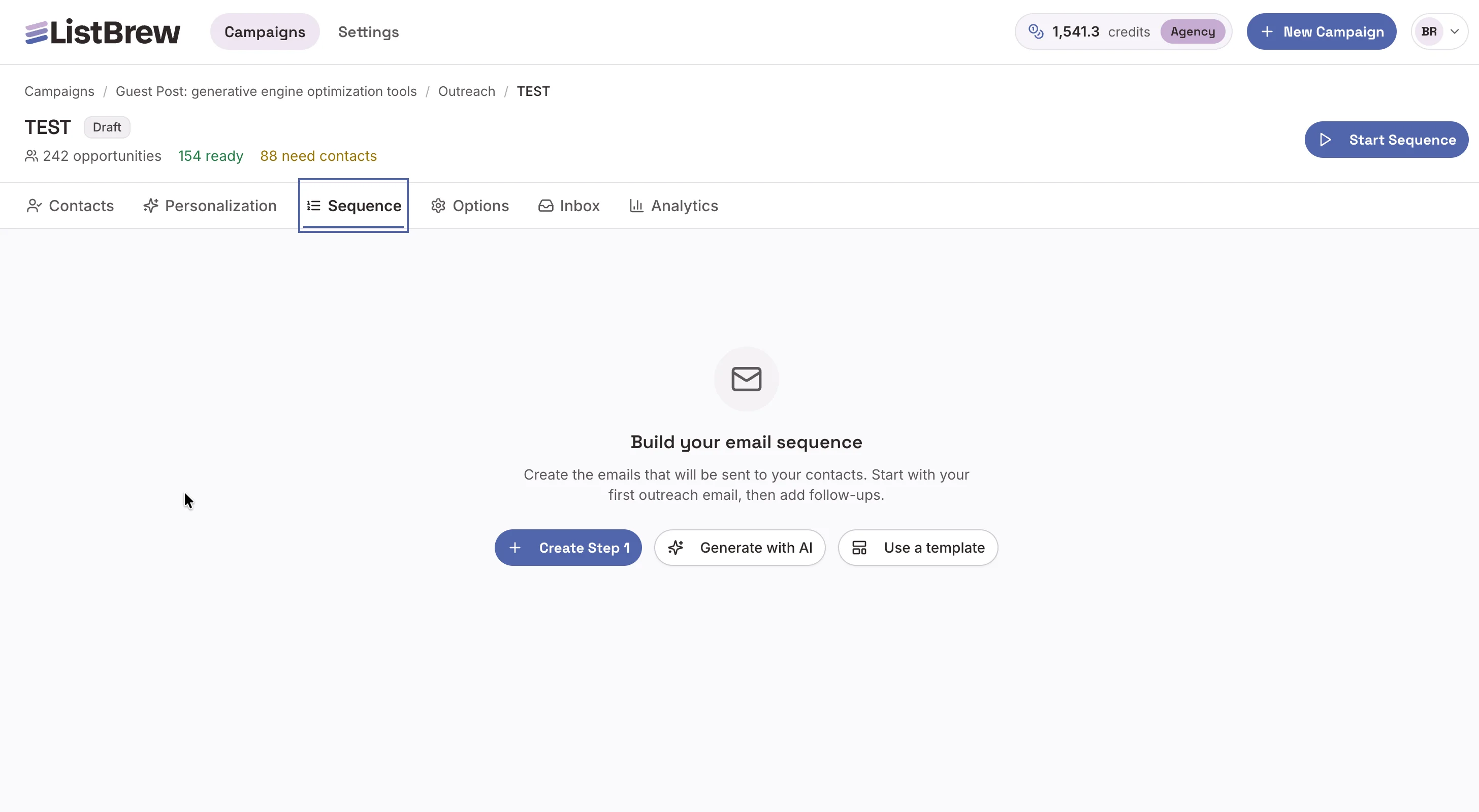 The Sequence tab in ListBrew's Outreach feature.