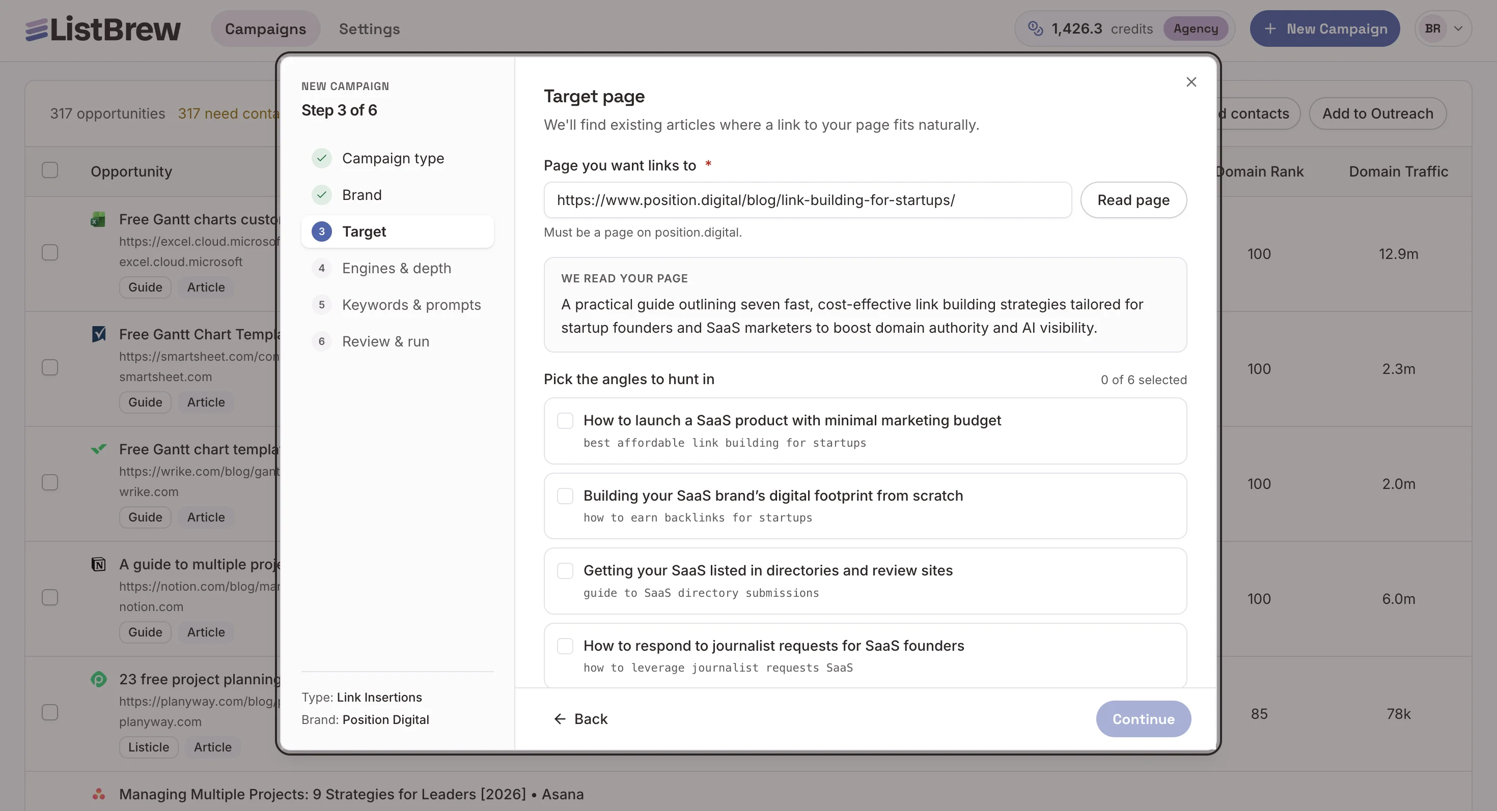 The Target Page section when setting up a new Link Insertion campaign in ListBrew.