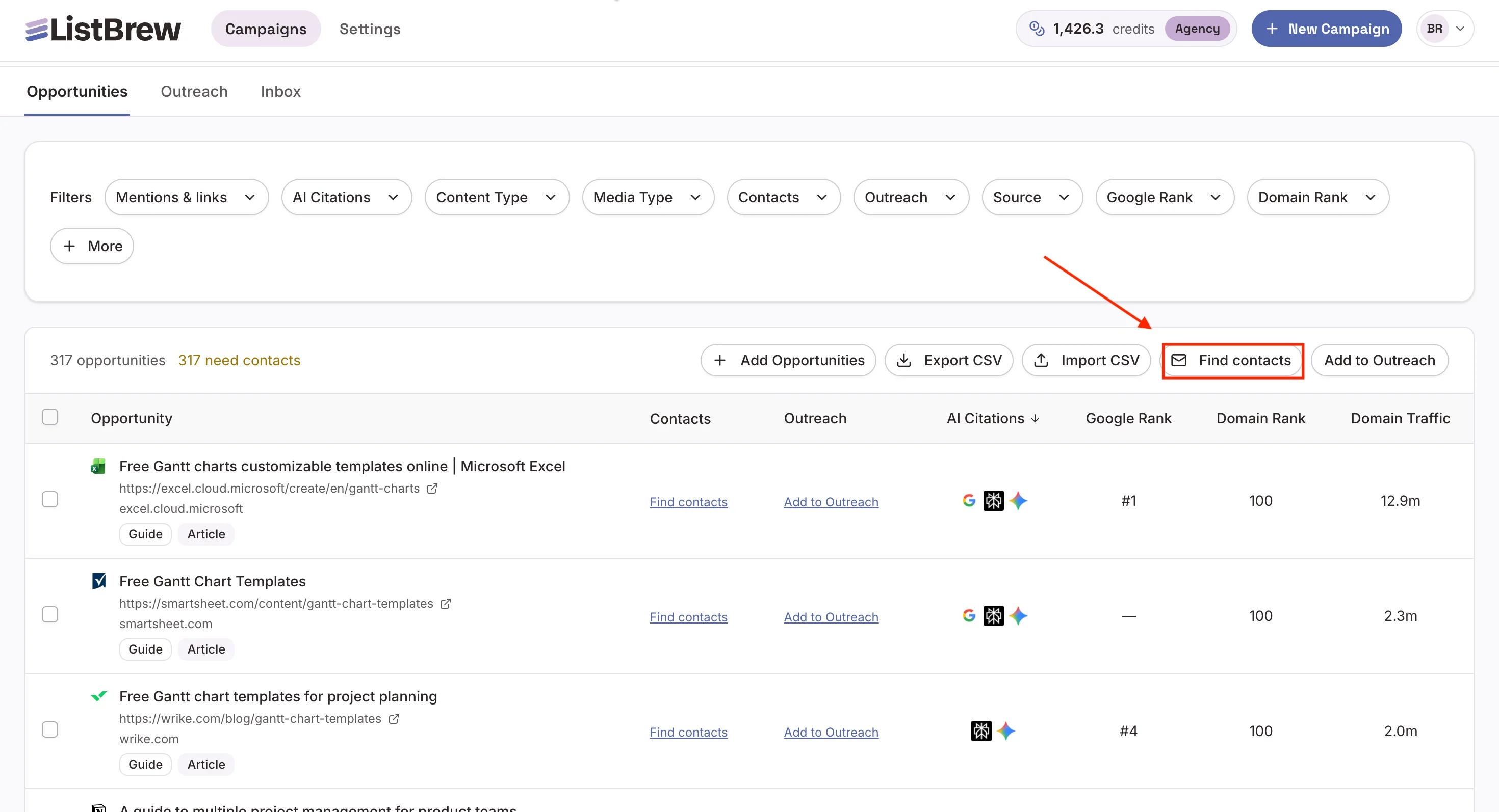 The Find Contacts feature in ListBrew.