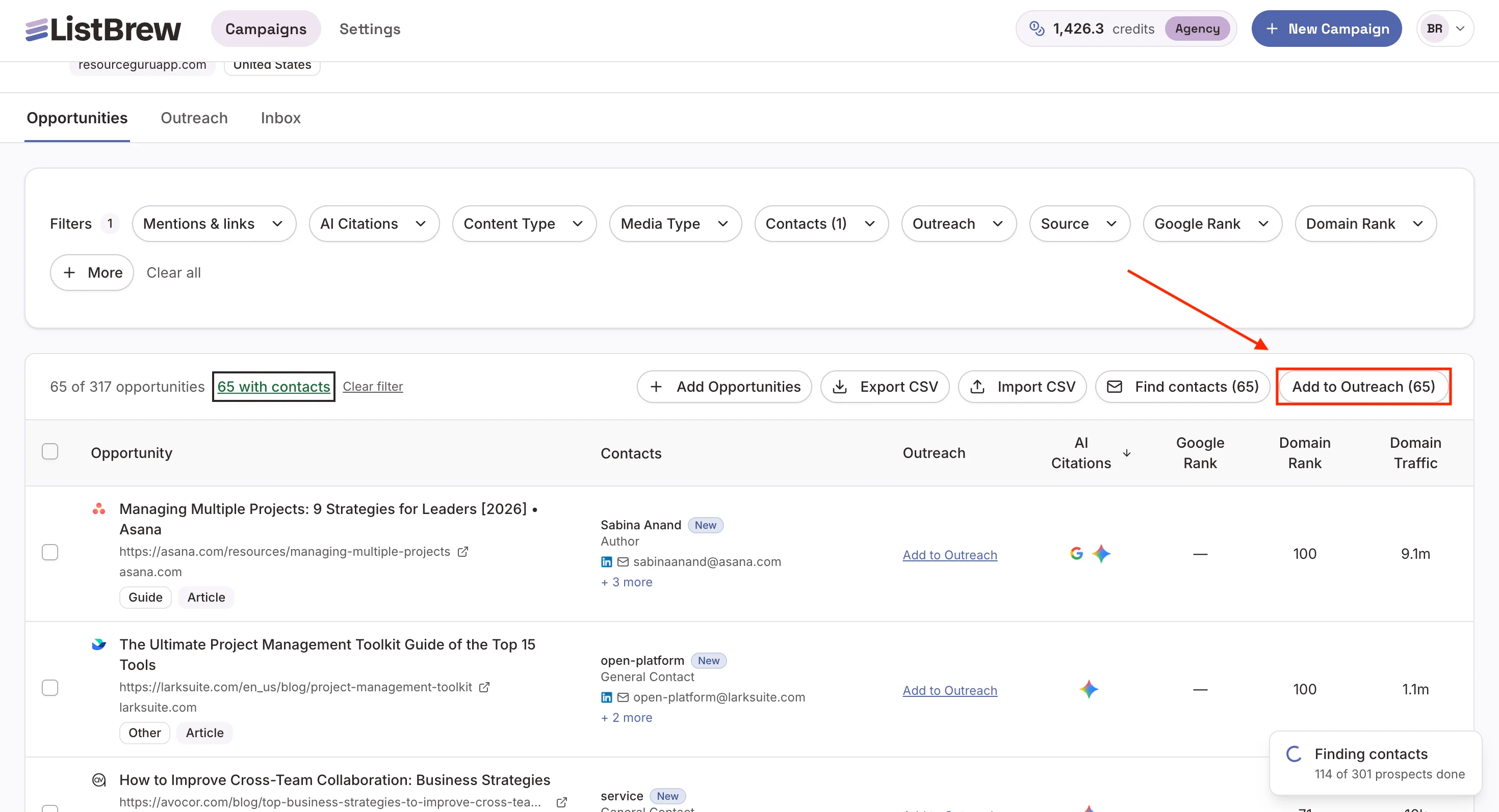 The Add to Outreach button inside ListBrew's dashboard.