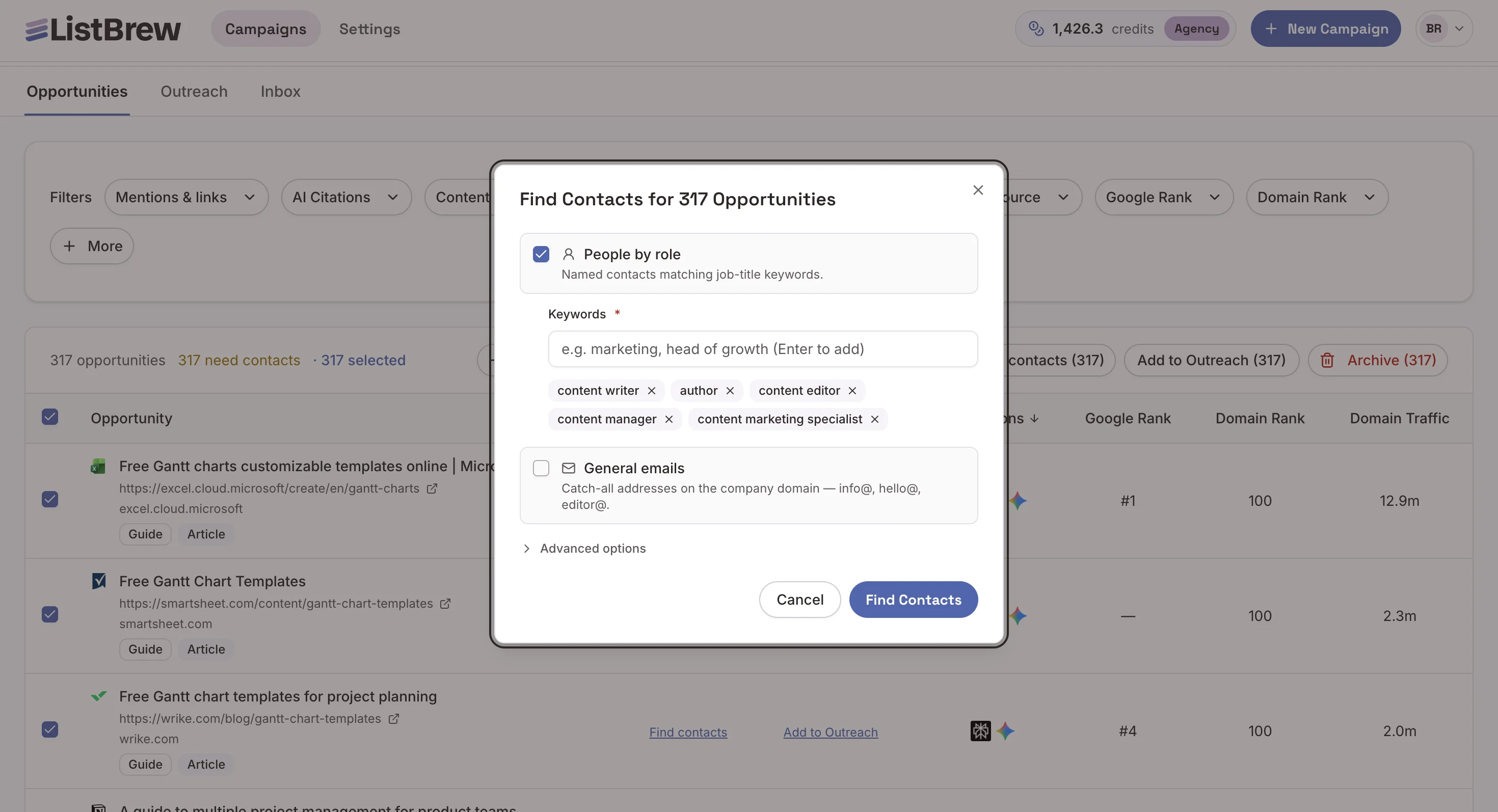 The feature to find contacts by role in ListBrew.