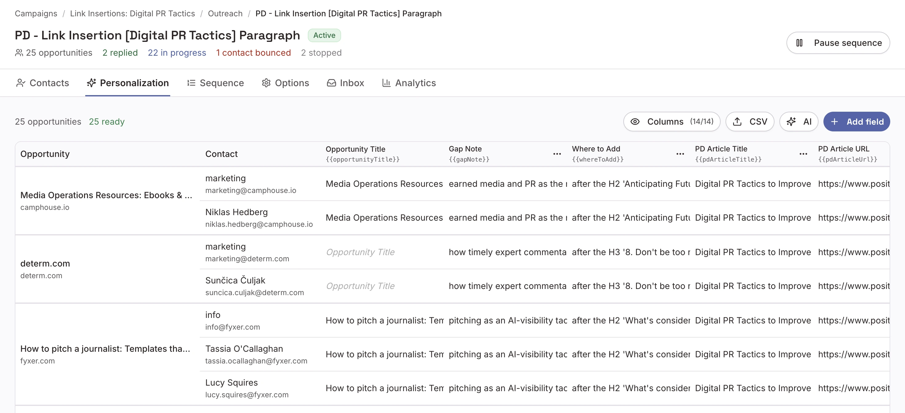 The Personalization tab inside ListBrew's Outreach tool.