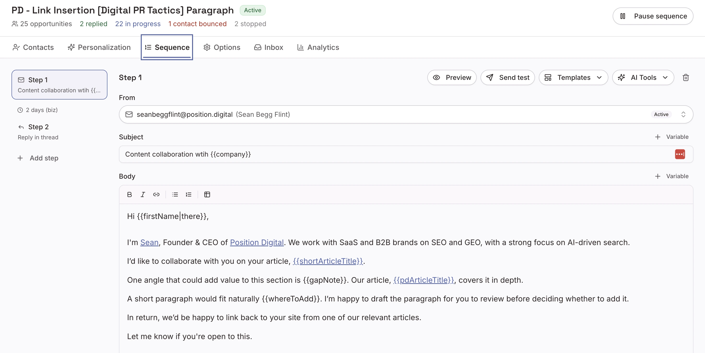 The outreach sequence setup in Listbrew.