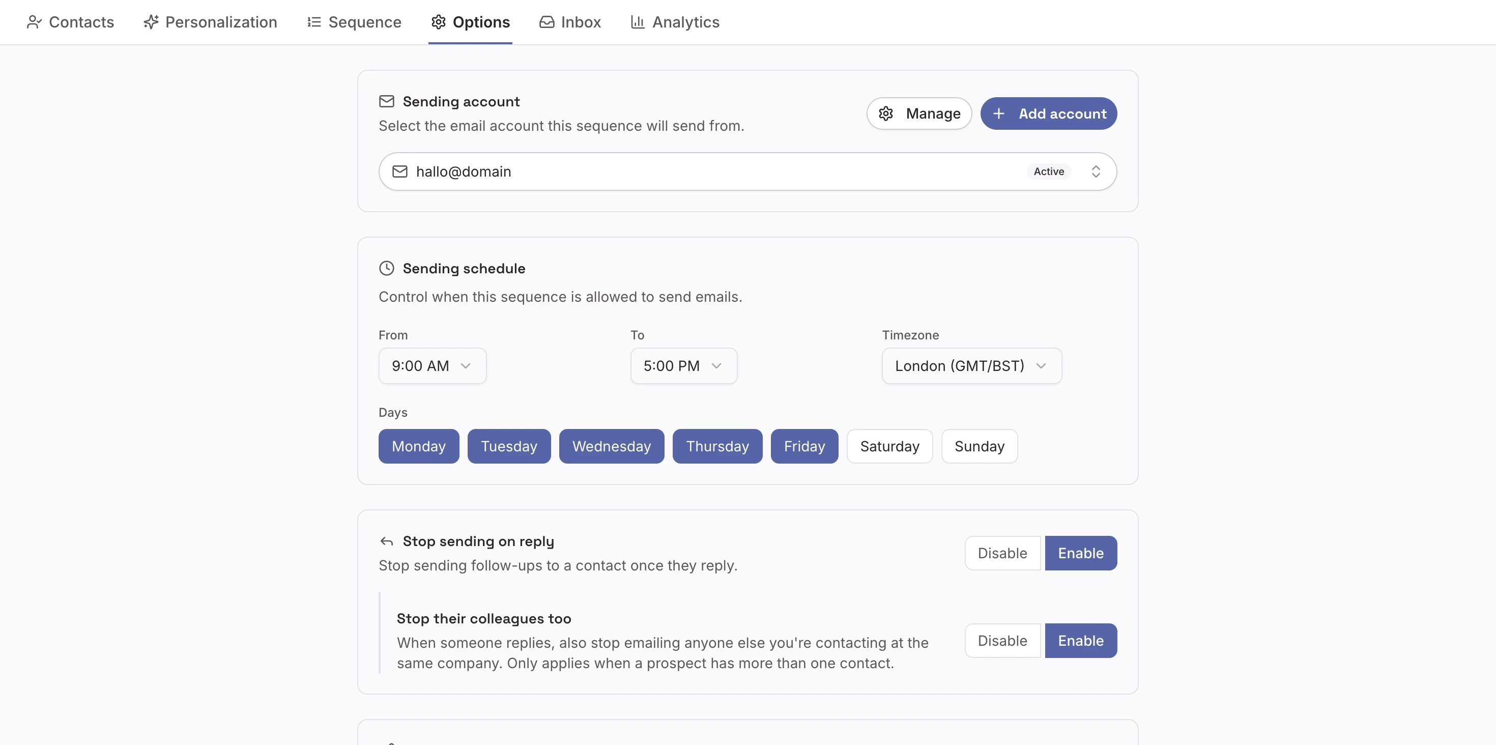Outreach email settings in ListBrew.
